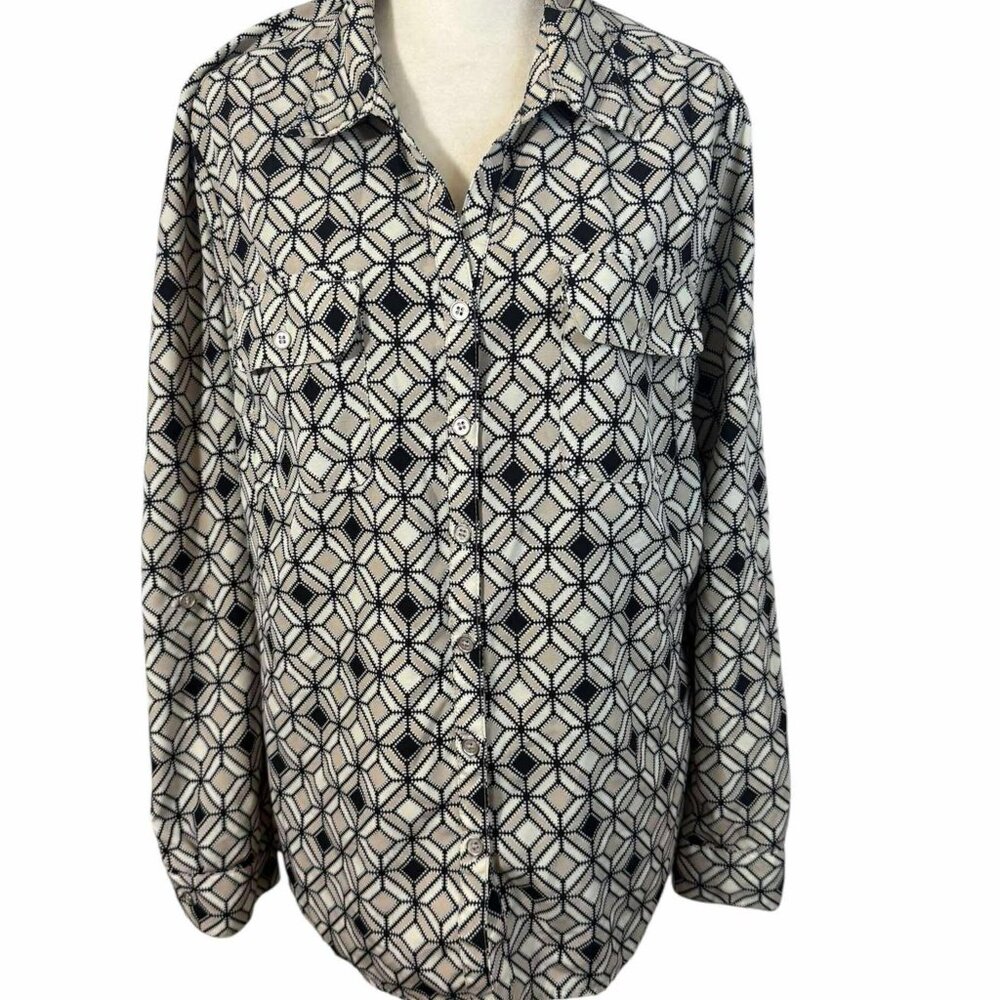 Women's Long sleeves, Button-Up, Retro-Geometric Design - LARGE